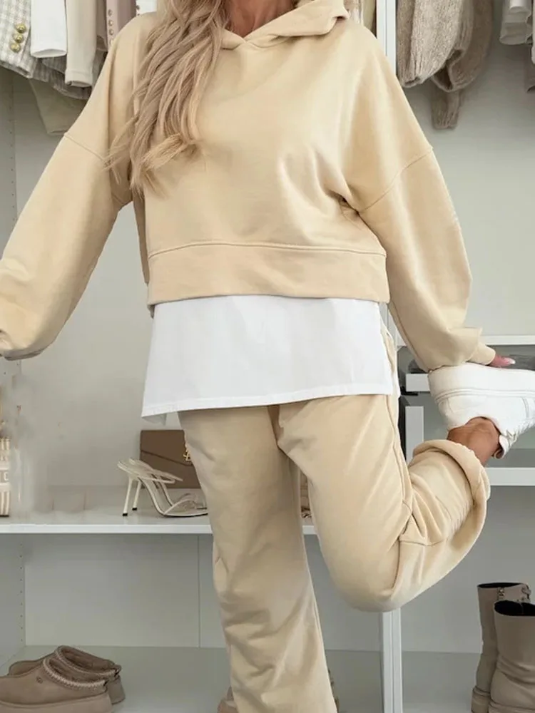 

Women Fashion Patchwork Sports Outfits Elegant Hooded Sweatshirts & Pencil Pants 2Pc Suit Casual Long Sleeves Solid Loose Sets