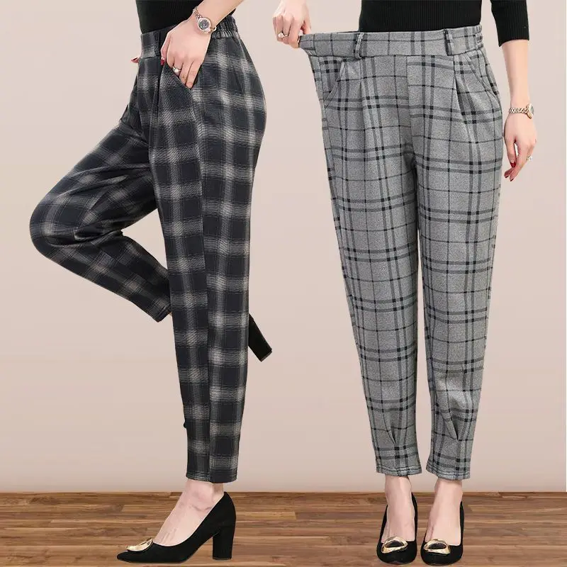 New Spring and Autumn Women\'s Style High Waist Elastic Loose Plaid Classic Harem Pants Fashion Casual Comfortable Trousers