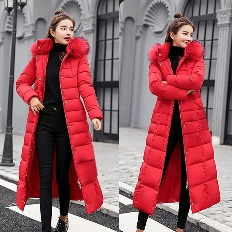 2025 New Fashion Women Winter Warm Bow Belt Fox Fur Collar Long Down Coat Women Outside Long Dress Thick Down Jacket