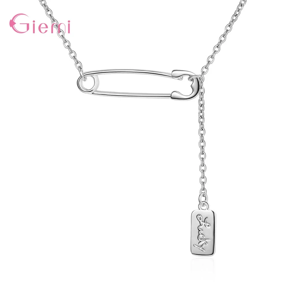 Trendy Simple 925 Sterling Silver Safety Pin Necklaces Chain Square Pendant Lucky Letter Necklace for Women Choker Fine Jewelry