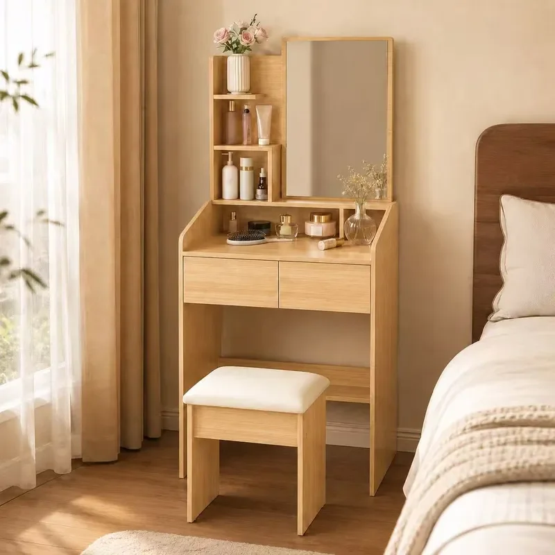 Modern Rotating Mirror Dresser with Drawers Sintered Stone Vanity Storage Cabinet for Small Apartment Bedroom