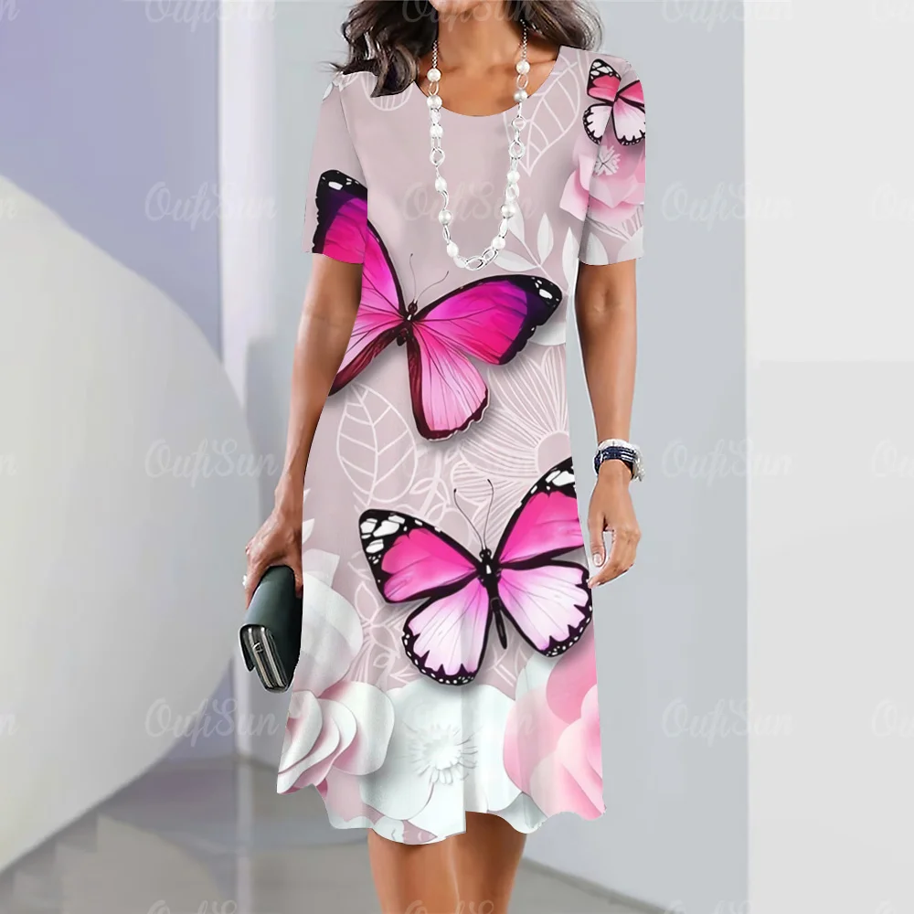 

2024 New Women's Dresses Midi Butterfly Printed Summer Elegant Dress Feamle Short Sleeve Dresses Fashion Oversized Clothes