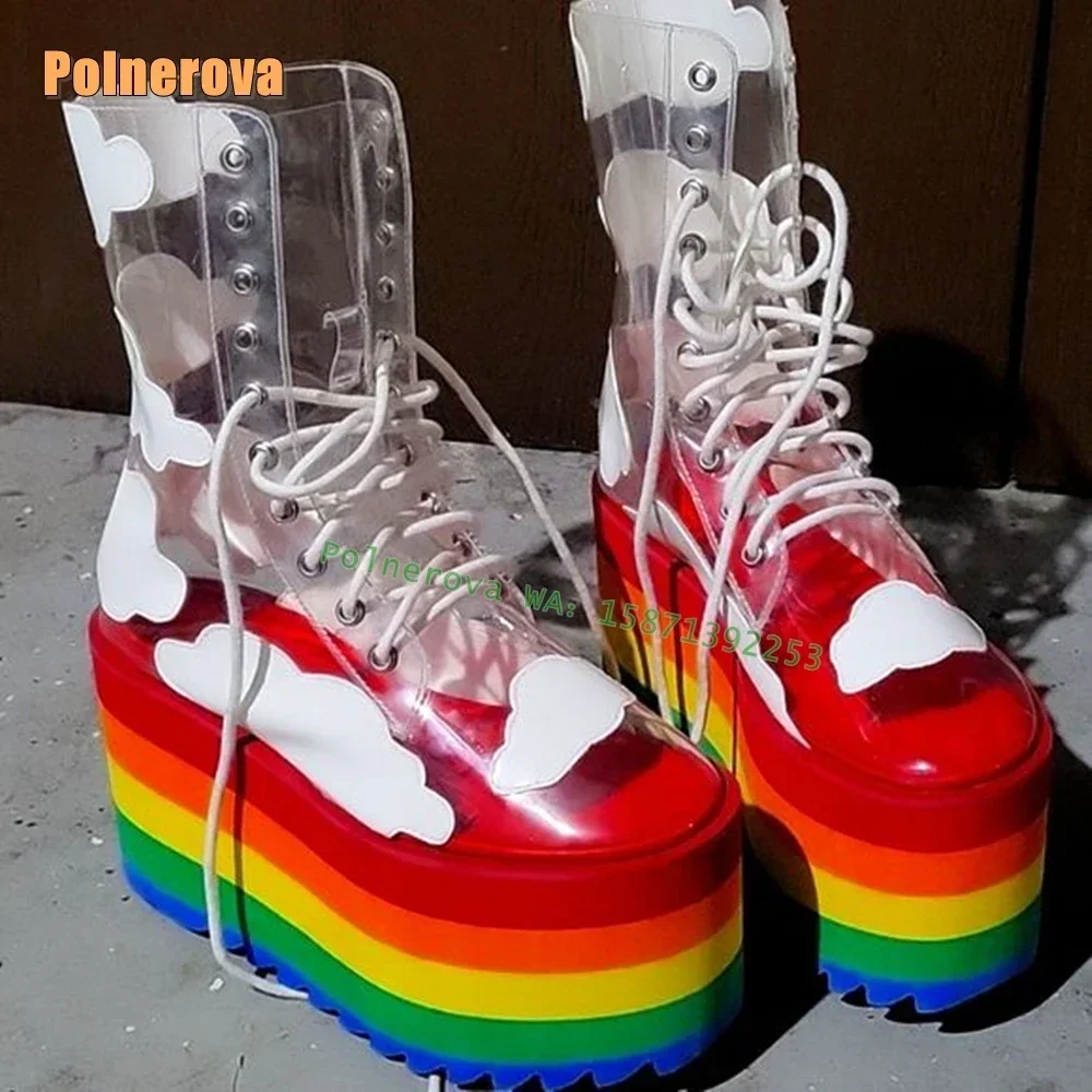 

Transparent Pvc Rainbow Platform Ankle Boots Round Toe Thick Sole Cross Tied Cloud Print Sweet Girl Cosplay Shoes Large Size