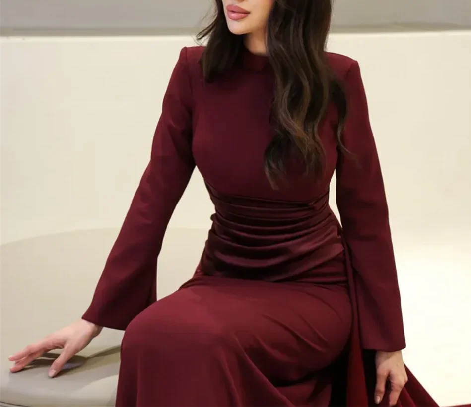 Robes de bal élégantes personnalisées, col haut, manches longues, style sirène, robes formelles musulmanes en Satin, dubaï