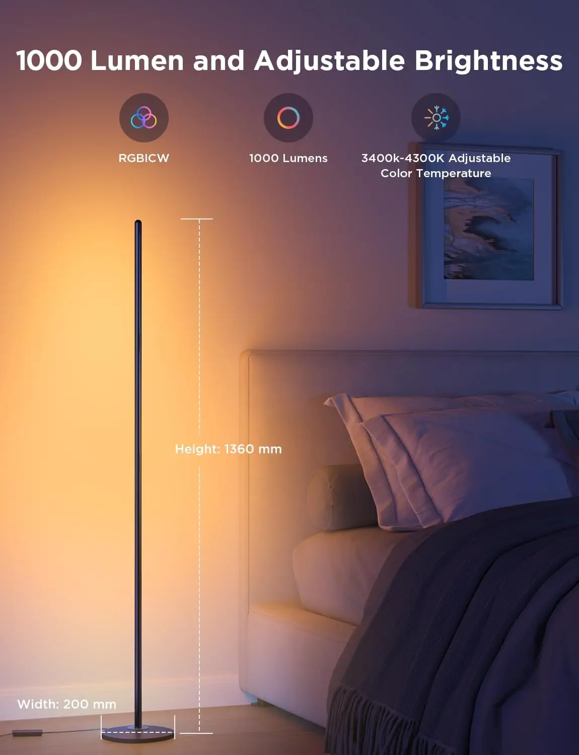 Govee Rgbic Floor Lamp, Led Corner Lamp Works With Alexa, 1000 Lumen Smart Modern Floor Lamp With Music Sync And 16 Million Diy