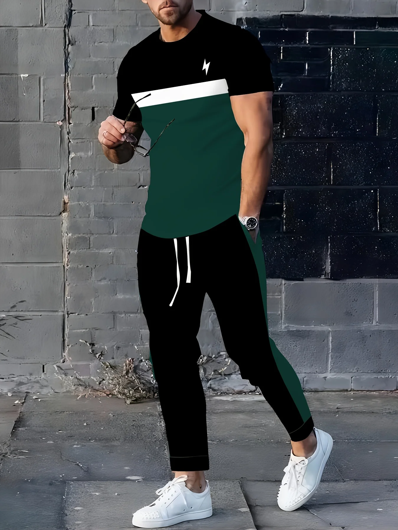 

Summer men's polyester elegant micro elastic lightning print round neck T-shirt and pants set outdoor elegant casual wear