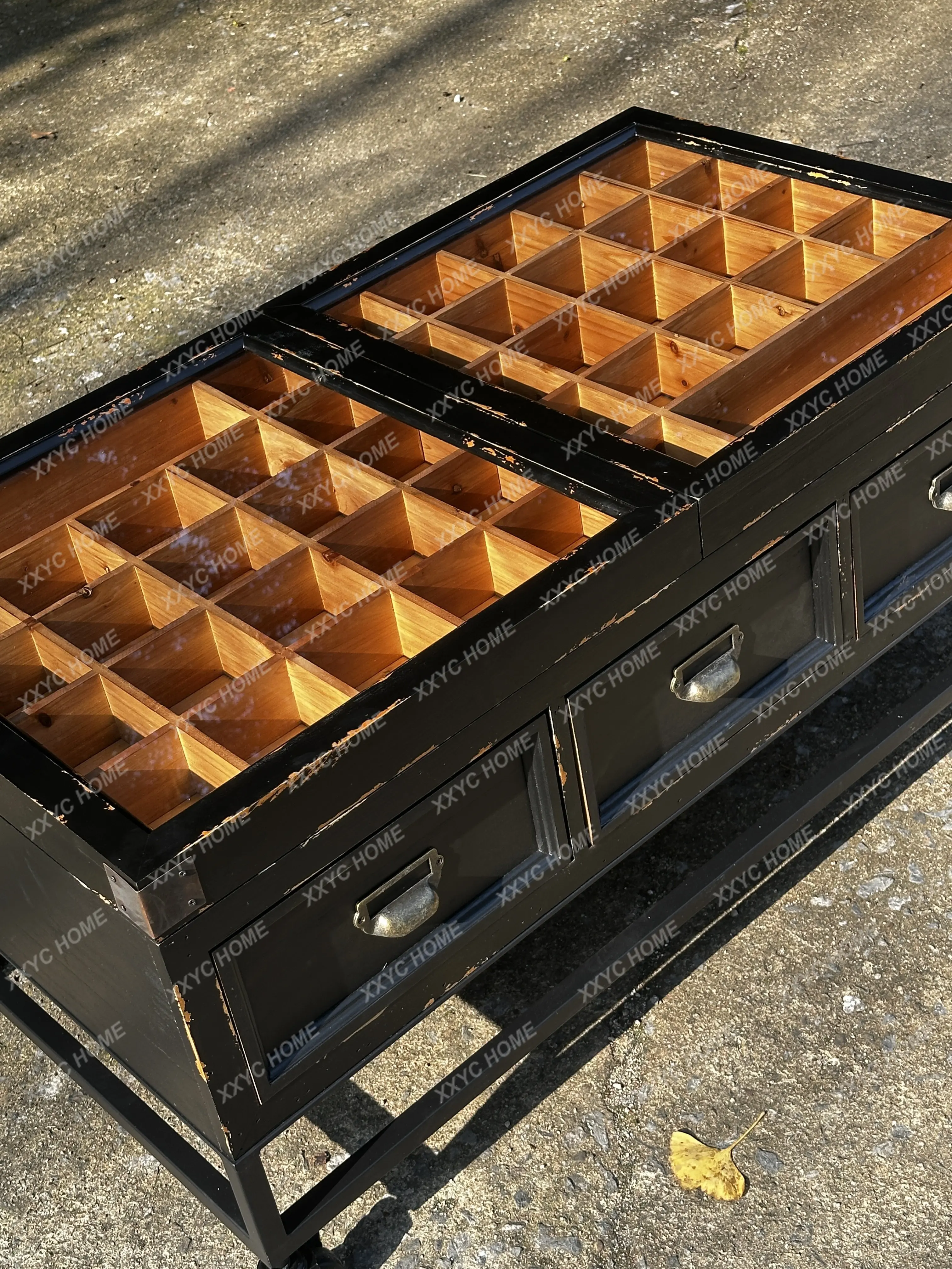 Creative antique solid wood double-sided six-drawer multi-grid treasure cabinet
