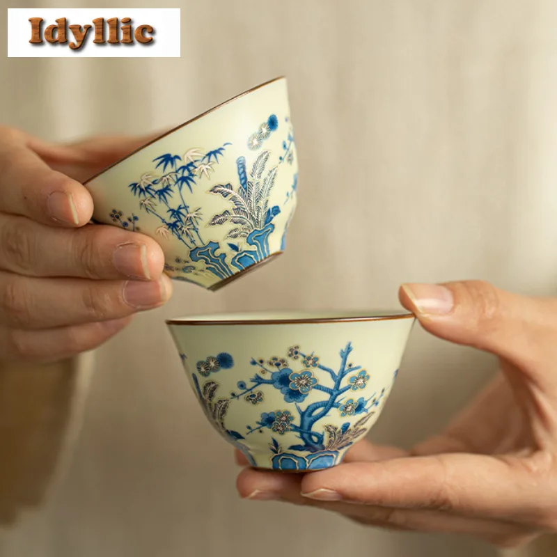 

2 шт./лот Ru Kiln синяя и белая сосна бамбуковая слива чайная чашка древняя чайная чаша кружка для дегустации чая чашка для медитации чашки Chazhan Master чашки 55 мл