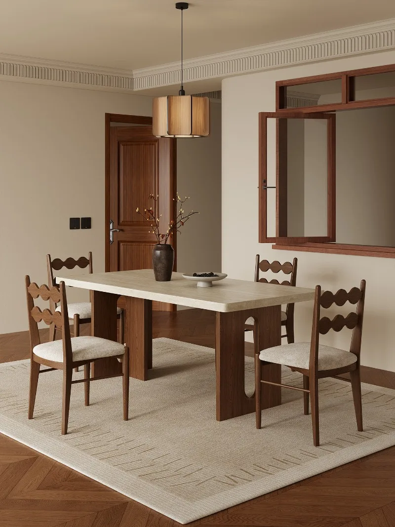 

Rock Slab Dining Table and Chairs Ash Wood Solid Wood Mid-ancient Style Dining Table Song-style Aesthetics High-end Retro Table