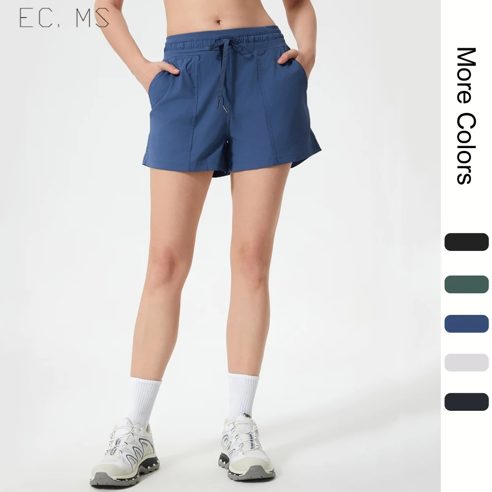 

Women Sport Shorts with Pockets Drawstring Cool Speed Dry Woven Summer Fitness Yoga Running Daily Short Pants