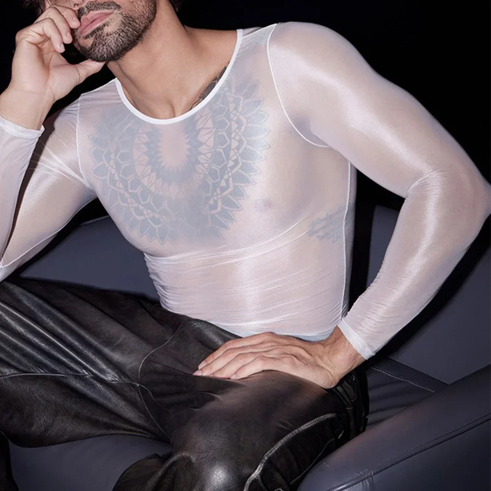 Fashion Men\'s Undershirt Oil Shiny Long Sleeve Tops O-Neck T-Shirts Sexy See Through Male Elastic T-shirt