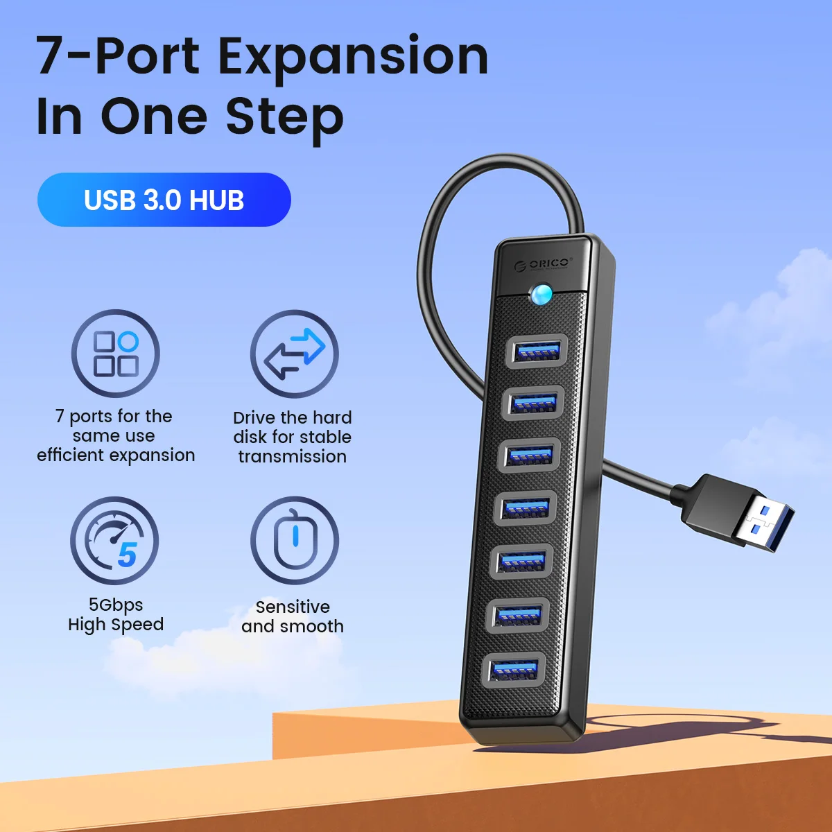 ORICO 7 Ports USB3.0 Hub Type C Splitter High Speed 5Gbps Data Transfer Laptop Desktop PC Multi Port Expansion Dock Computer Acc