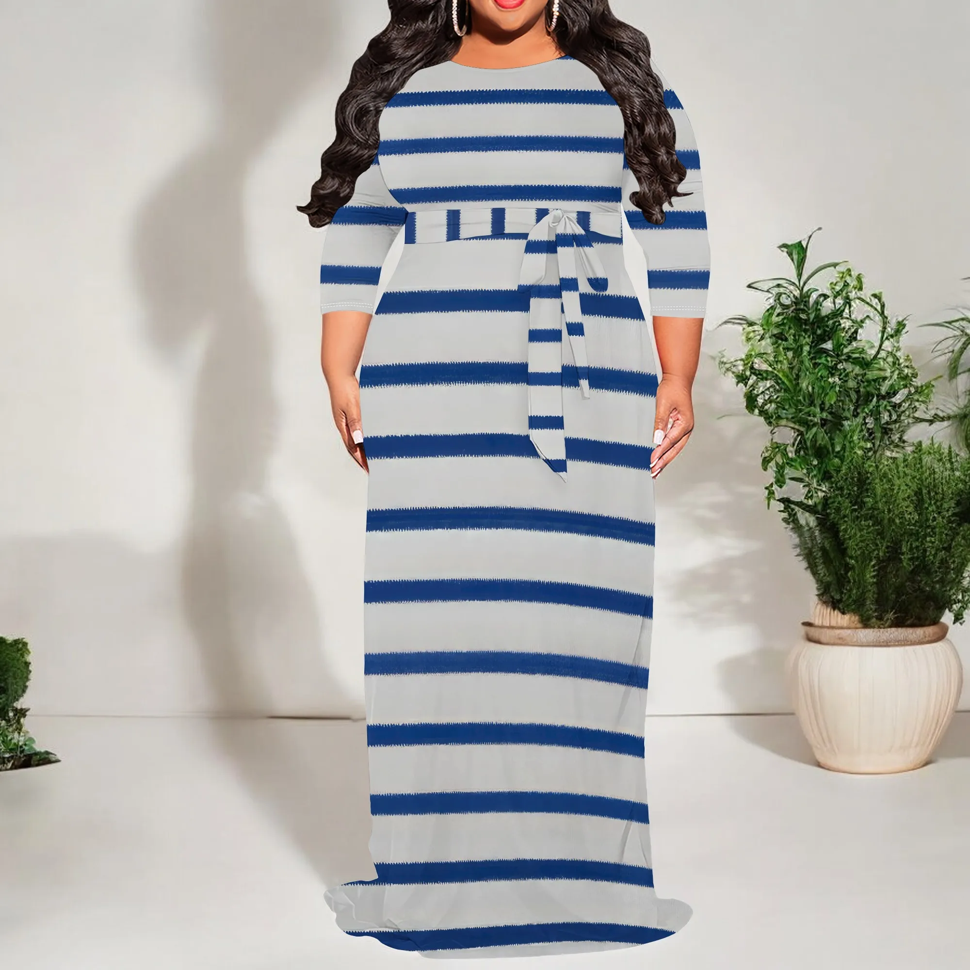 

Striped V Neck Casual Waist Drawstring Daily Long Maxi Dress
