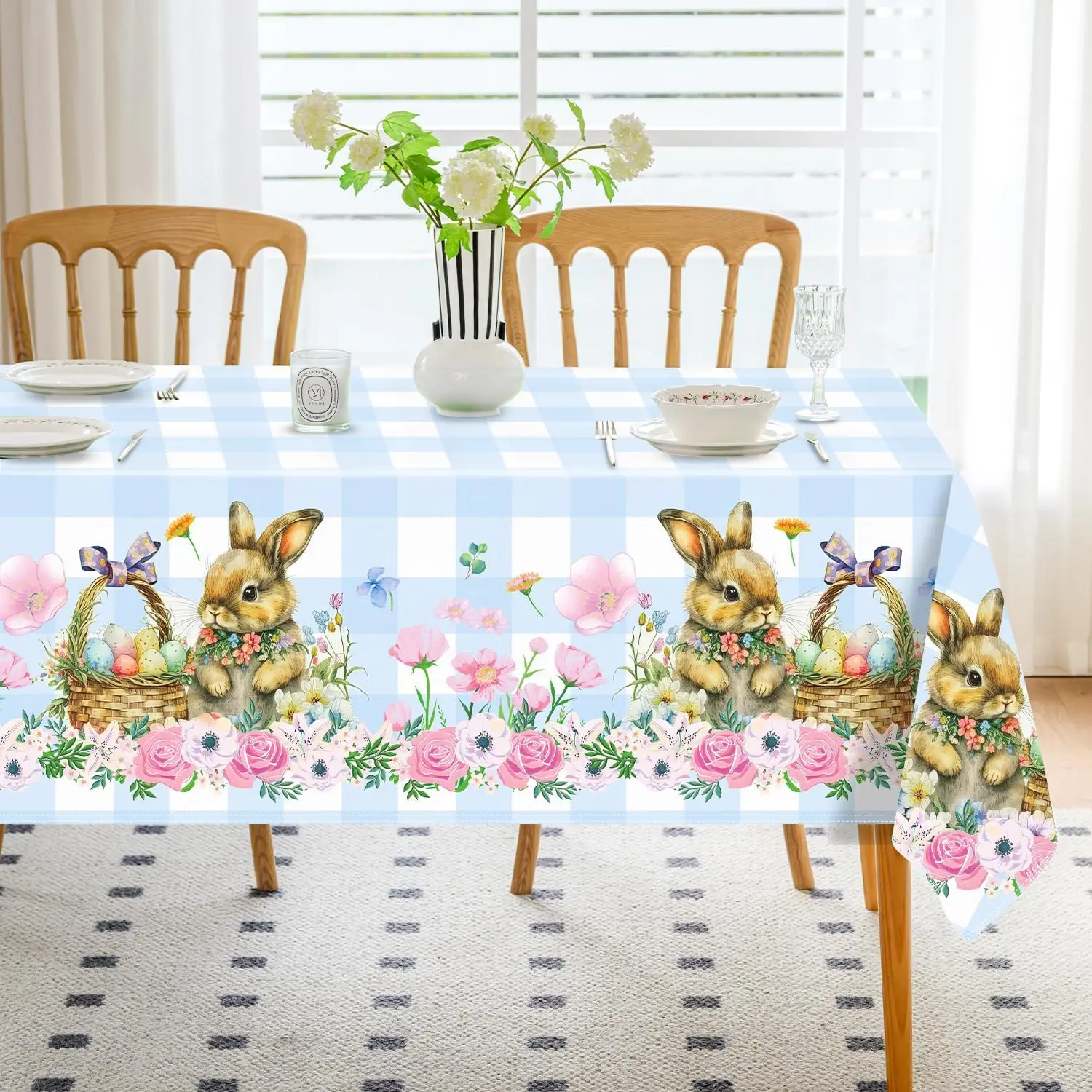 Easter Bunny Eggs Buffalo Plaid Rectangle Tablecloth Holiday Party Decor Spring Flower Waterproof Table Cloth Easter Decorations