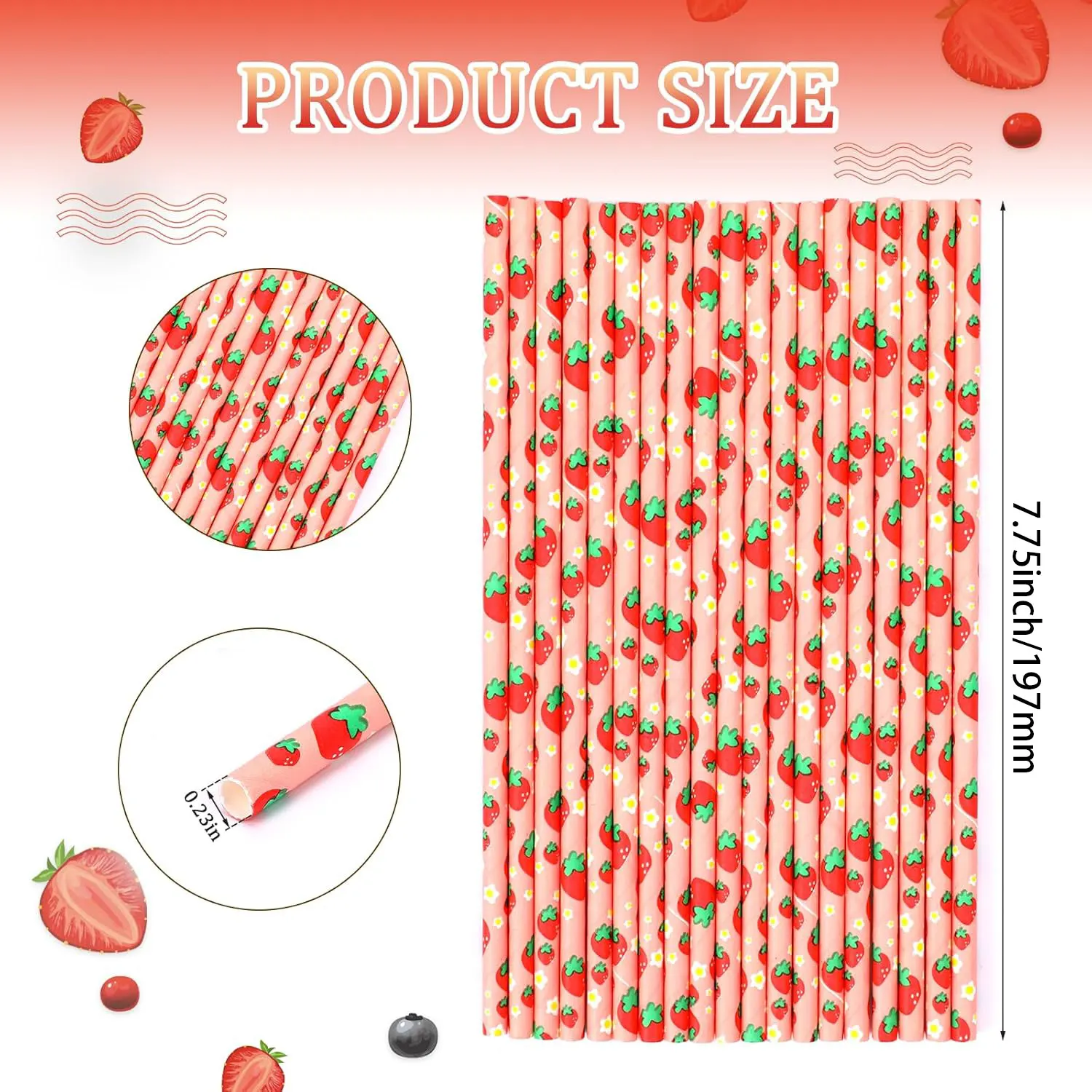 100 Pcs--6*197MM Pink Strawberry Pattern Bulk Paper Straws For Wedding Party, Drinkware, Drinks, Dessert and DIY Decoration