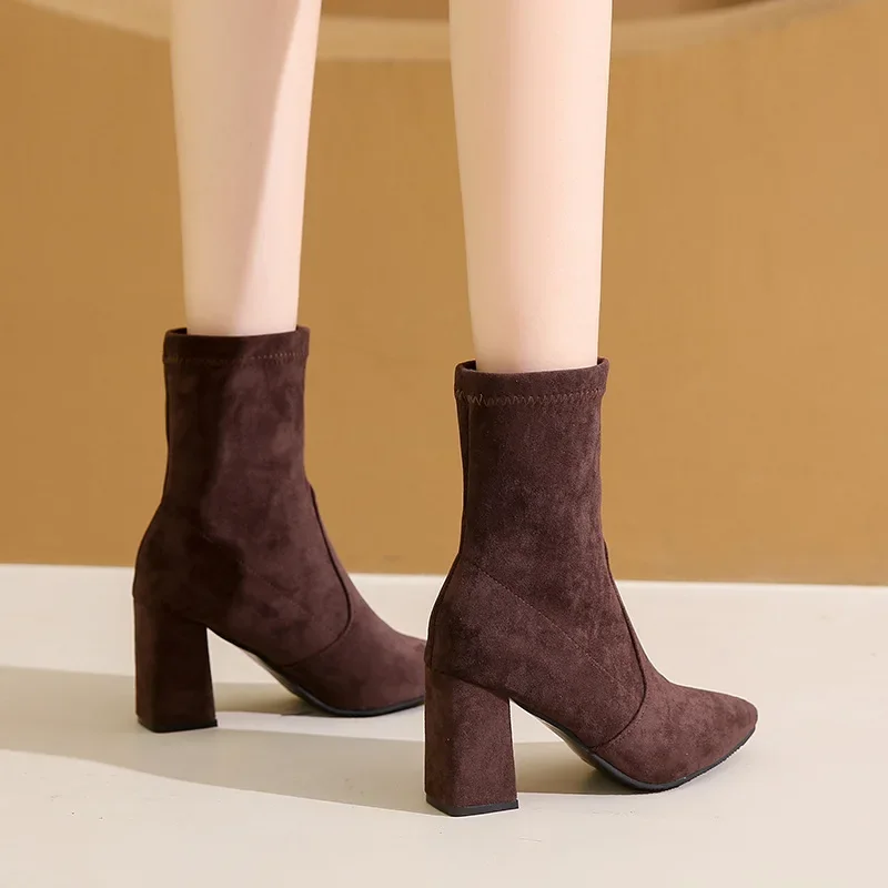 French retro foreign thick heel Chelsea boots women's 2026 autumn and winter new elastic thin boots suede fashion boots