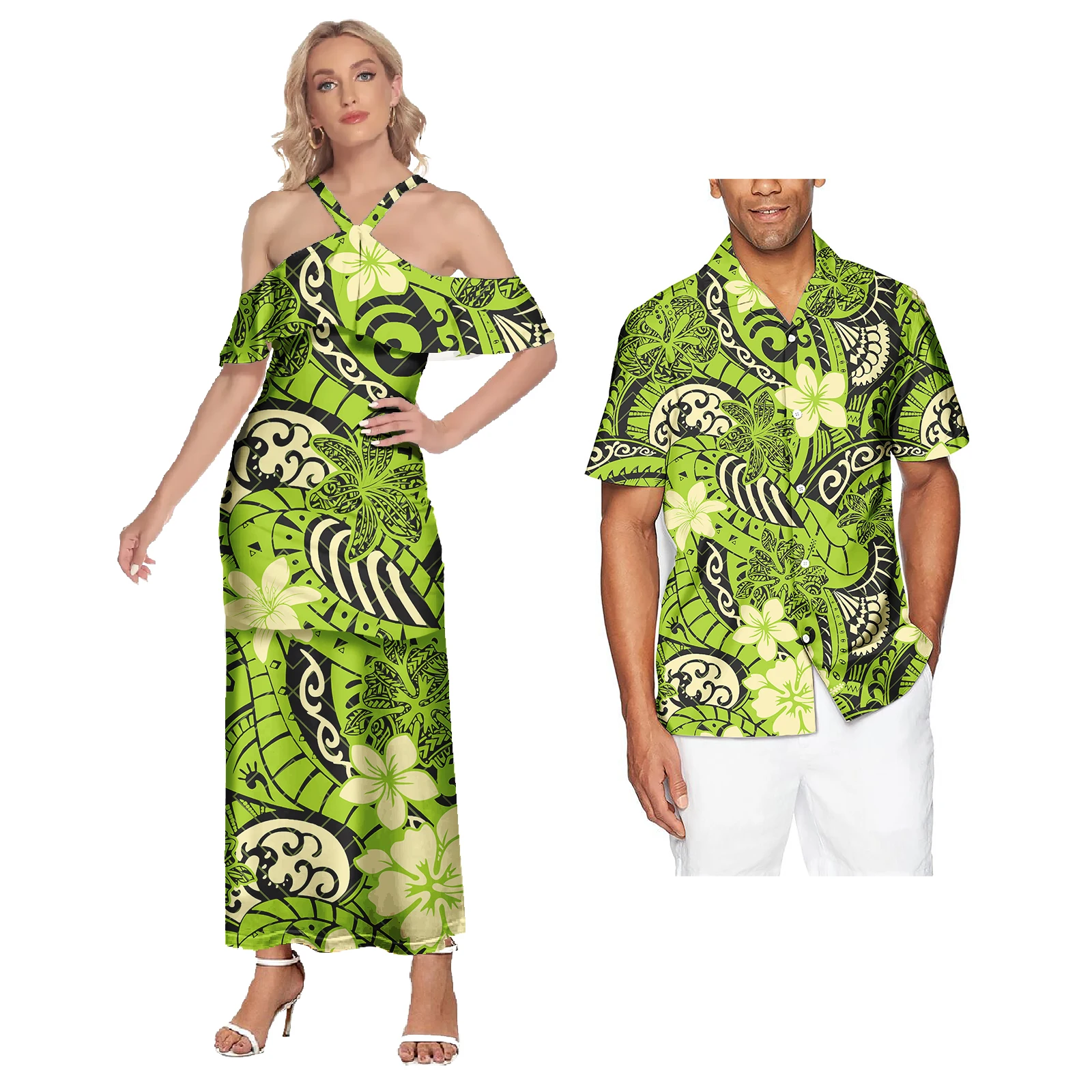 Polynesian Puletasi Ruffle Off Shoulder Dresses Women Lady Elegant Sexy Casual Dress and Men Shirt Sets Couple Matching Clothing