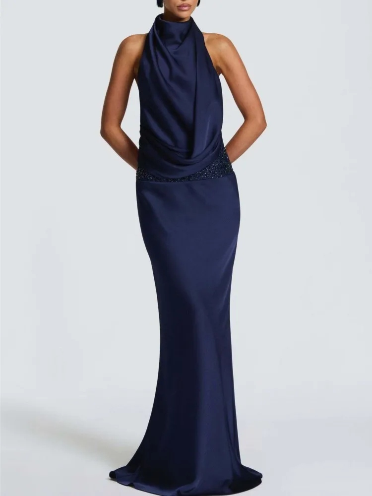 Sexy Sleeveless Solid Party Dress Fashion Sequins Splicing Slim Floor-length Skirt Elegant Halter Backless Hollow Evening Dress