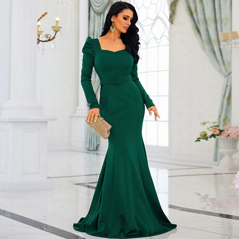 

Women Long Sleeve Green Vestido de festa Elegant Ladies Cocktail Prom Evening Mermaid Party Long dress