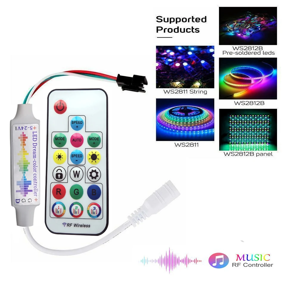 RF 17key DC RGB Music LED contorller For WS2811 WS2812B SK6812 1903 With Remote Controller DC5-24V