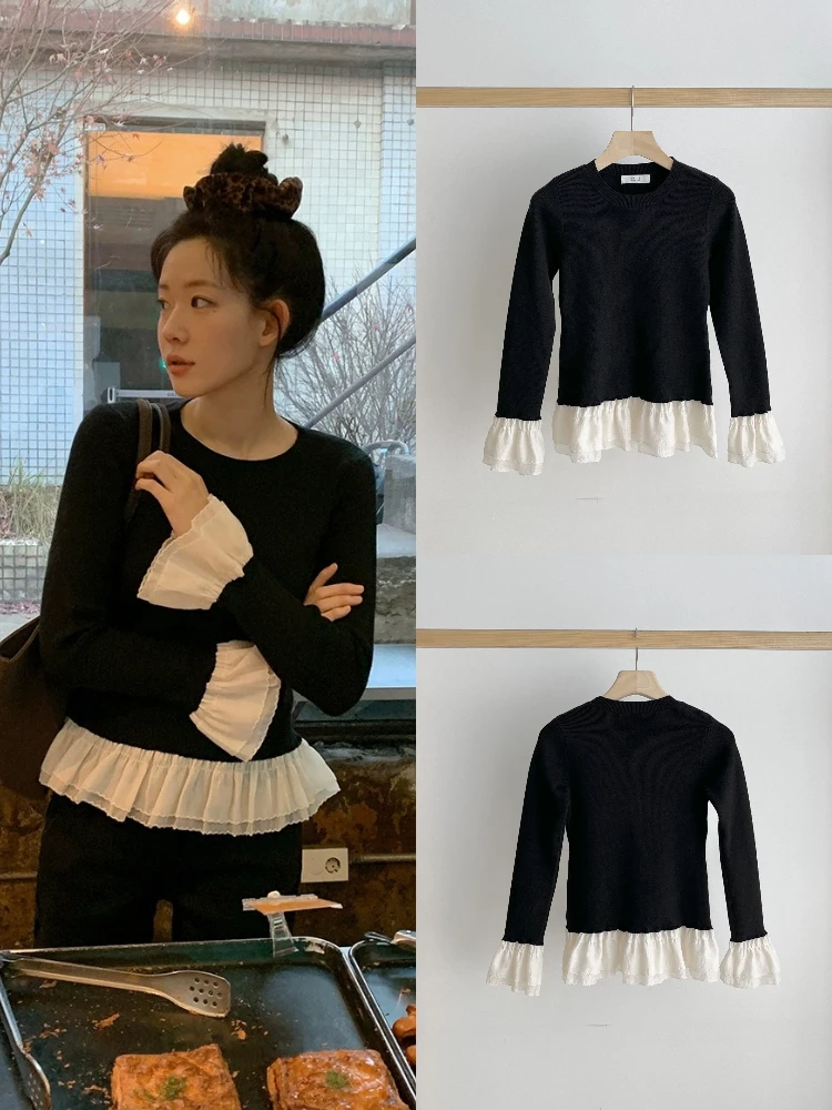

Sweet Sle Slim Fit Knitted Top with Ruffle Hem Fake Two-Piece Design Dongdaemun Women's Faion Long Sve round Ne