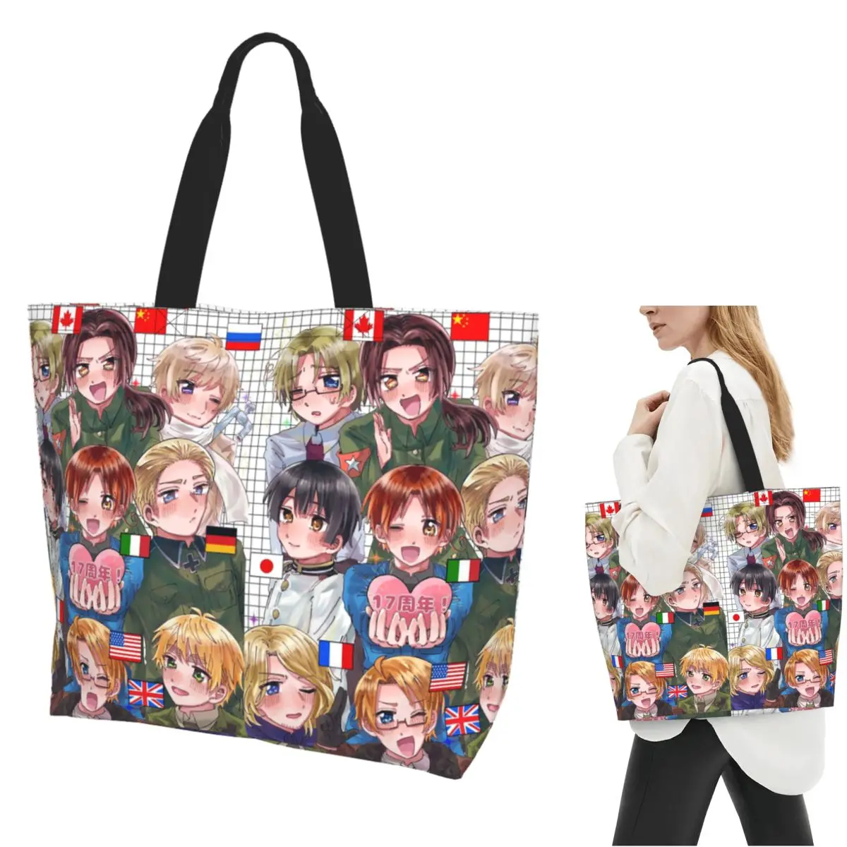 

Hetalia Group World Stars Сумка для покупок Холщовая сумка на плечо большой вместимости Сумка-шоппер для продуктов для женщин