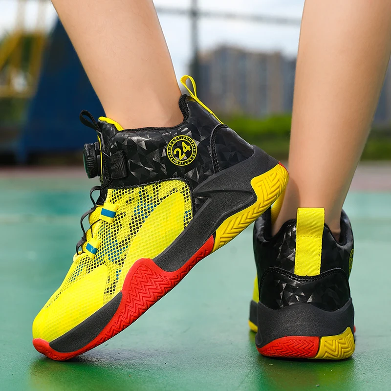 Chaussures de basket-ball jaunes pour enfants, maille respirante, chaussures de sport pour adolescents, vêtements coordonnants, baskets de