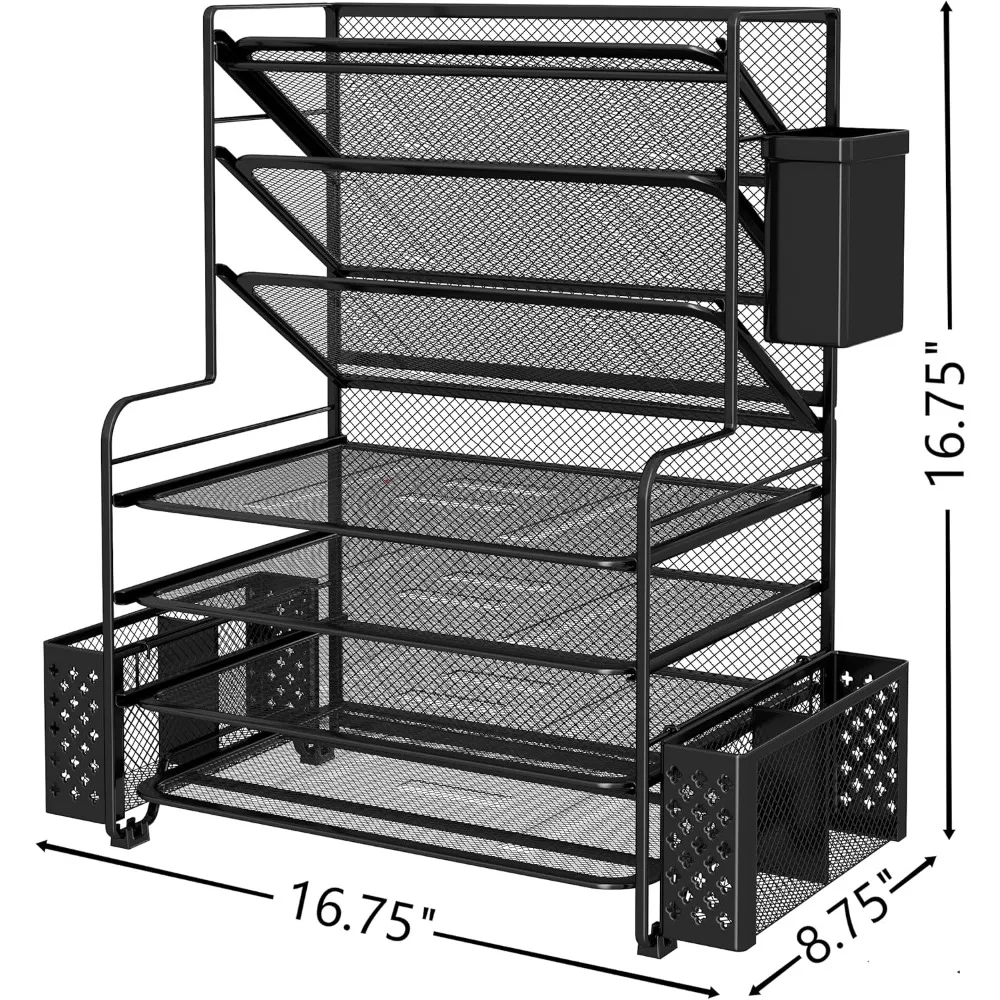 7-stufiger Schreibtisch-Organizer mit Stifthalter und Metallkorb, Schwarz.