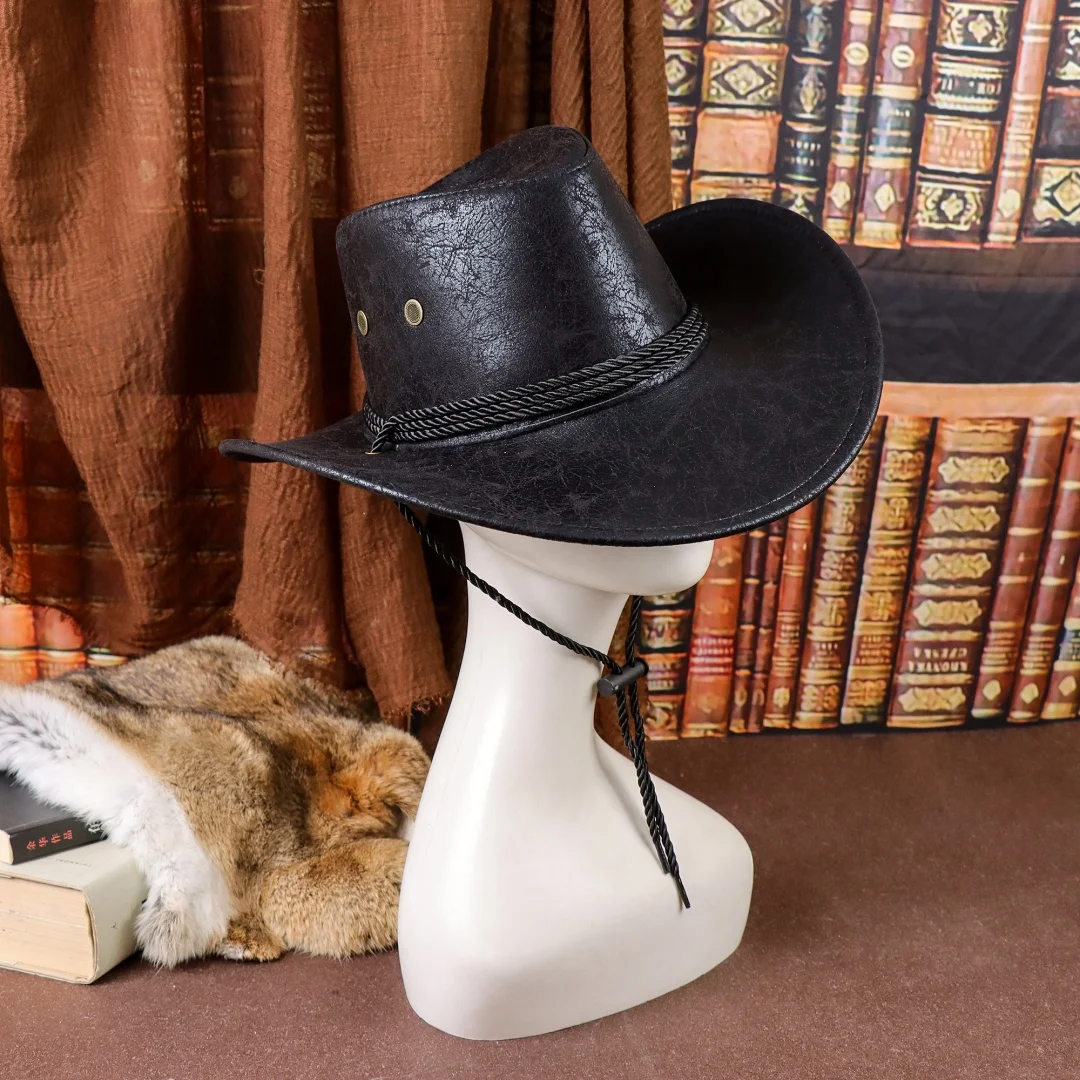 Vintage Faux Leather Big-edge Western Cowboy Hats Panama Gentleman Cowgirl Jazz Hat Holidays Party Cosplay Hat image 5