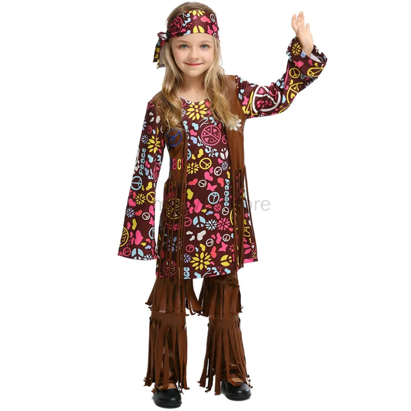 Kinder Hippie Kostüm Set 60er 70er Jahre Hippie Kleid für Mädchen Party Accessoires für Karneval Halloween Cosplay Dress Up Outfits