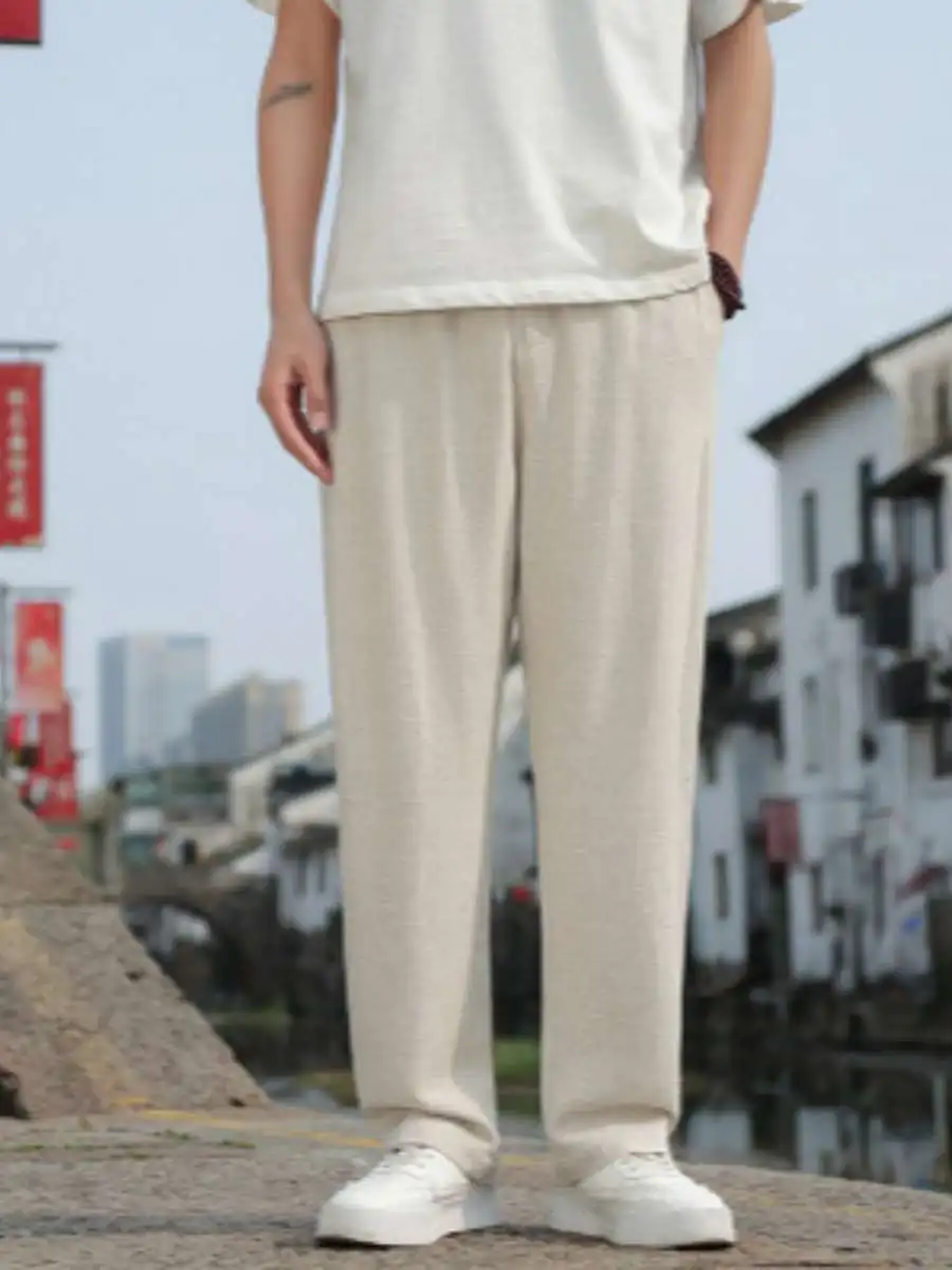 New Men's Linen Casual Pants High Waist Wide Leg Straight Cut Spring Summer Breathable Loose Comfortable Cotton Linen Trousers
