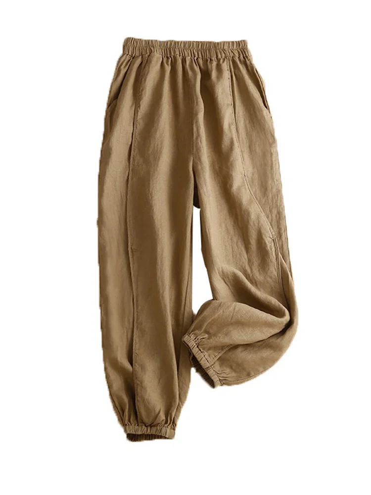 Spodnie damskie z wysokim stanem, luźny krój, długość 7/8, haremki, casualowe, z lnu, vintage, z detalami na zamek, model wyszczuplający.