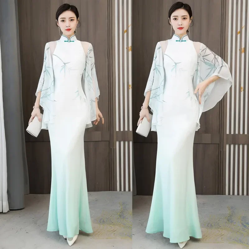 Lente China Jurk Banket Kleding Traditionele Elegante Vrouwen Groene Chinese Stijl Cheongsam Ao Dai Vintage Hanfu Slanke Lange Qipao