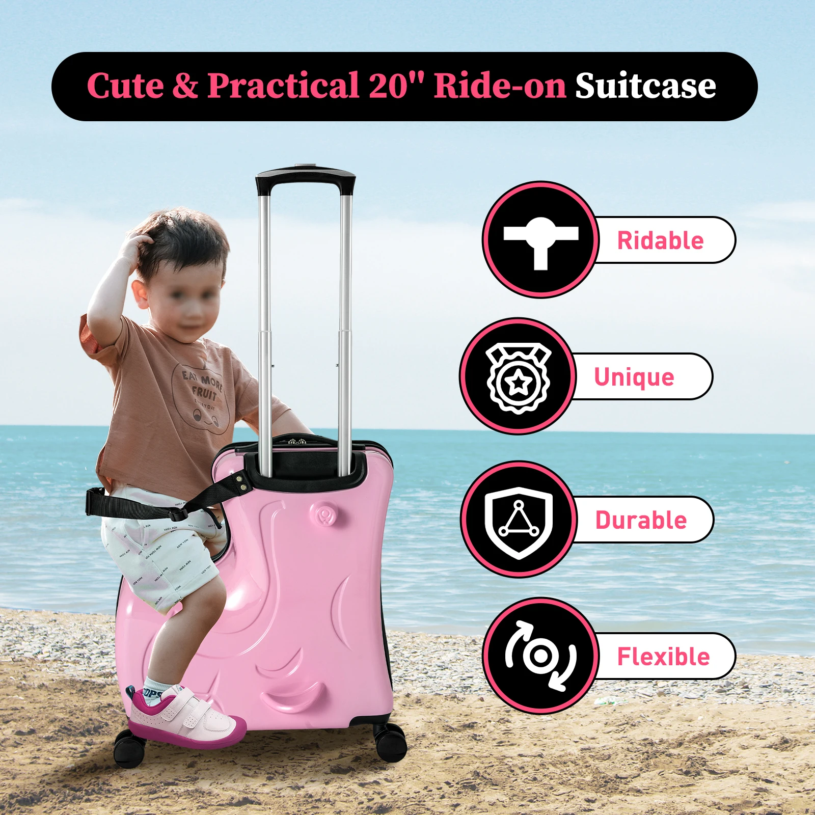 

Kids Ride on Suitcase with Wheels, Scooter Luggage for Toddlers Travel, 20 Inch Boarding Box with Safety Belt, for Kid 3-6 Years
