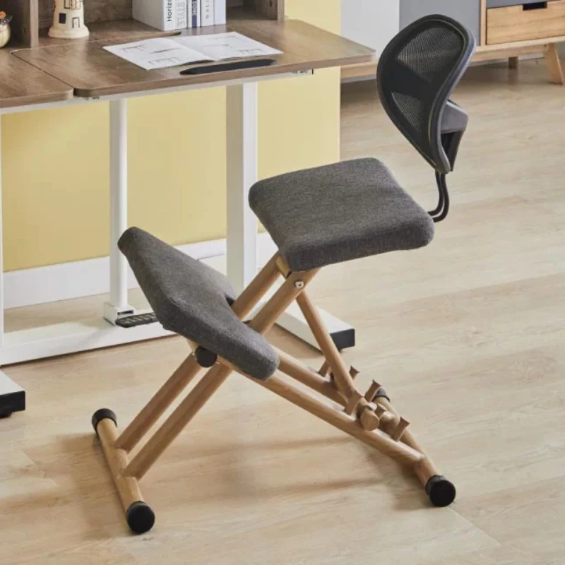 Ergonomic Adjustable Kneeling Desk Chair Wooden Frame Posture Correction Chair with Cute Print Cushion for Home & School Use