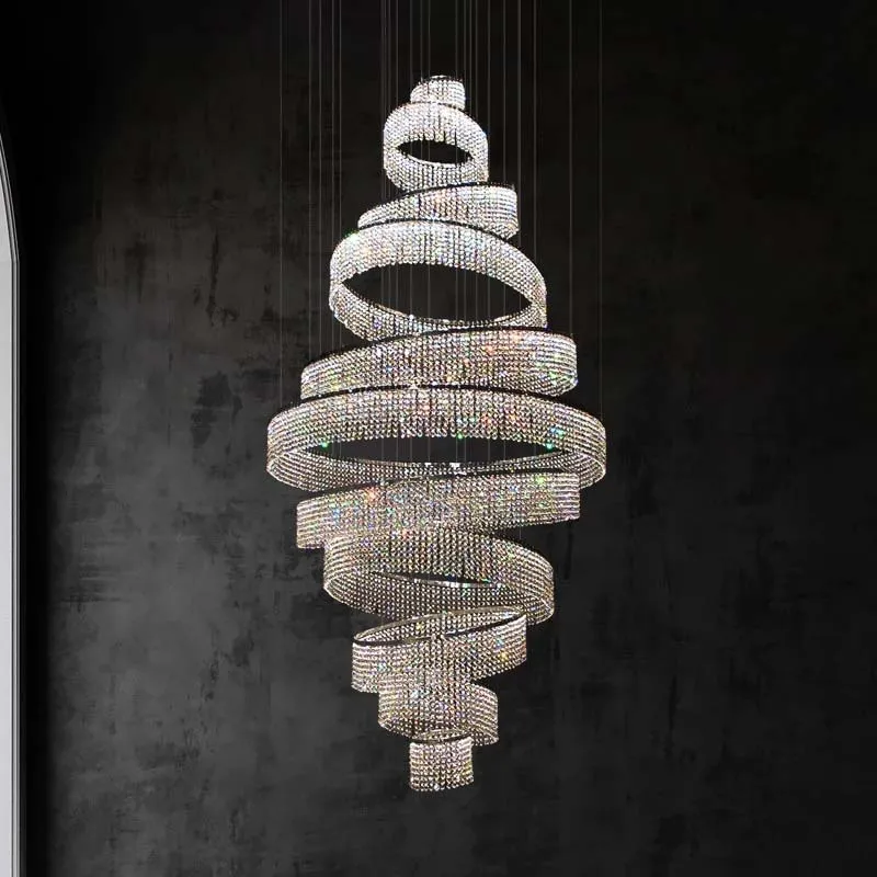 Modern Luxury Staircase Crystal LED Chandeliers Hotel Hall Lobby Large Ring Cristal Hanging Pendant Lighting Chrome Indoor Lamp