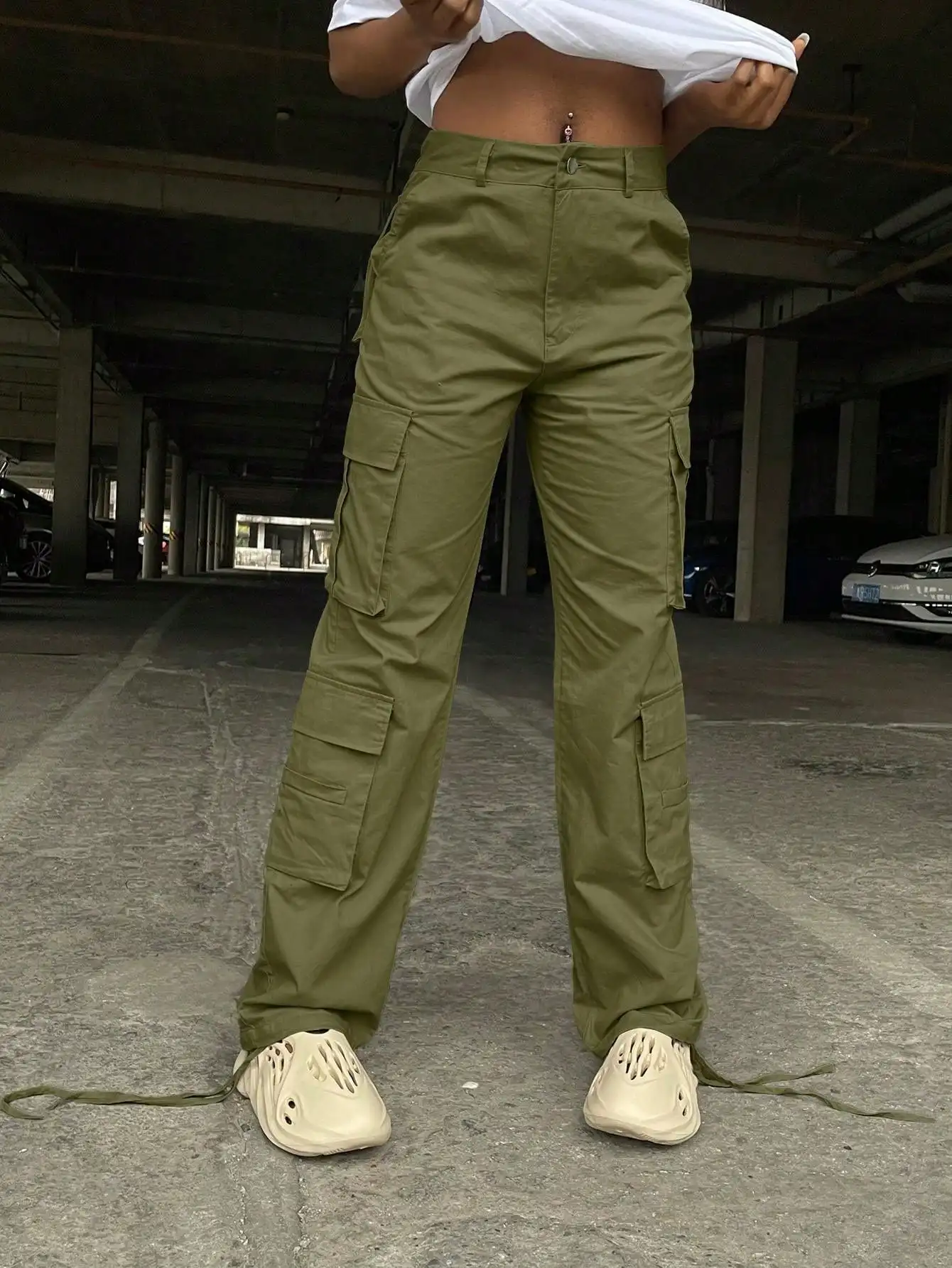 Christmas Gift Women's High-Waisted Solid Color Side Cargo Pants - Baggy Y2K Straight/Wide Leg, Pockets for Casual Streetwear