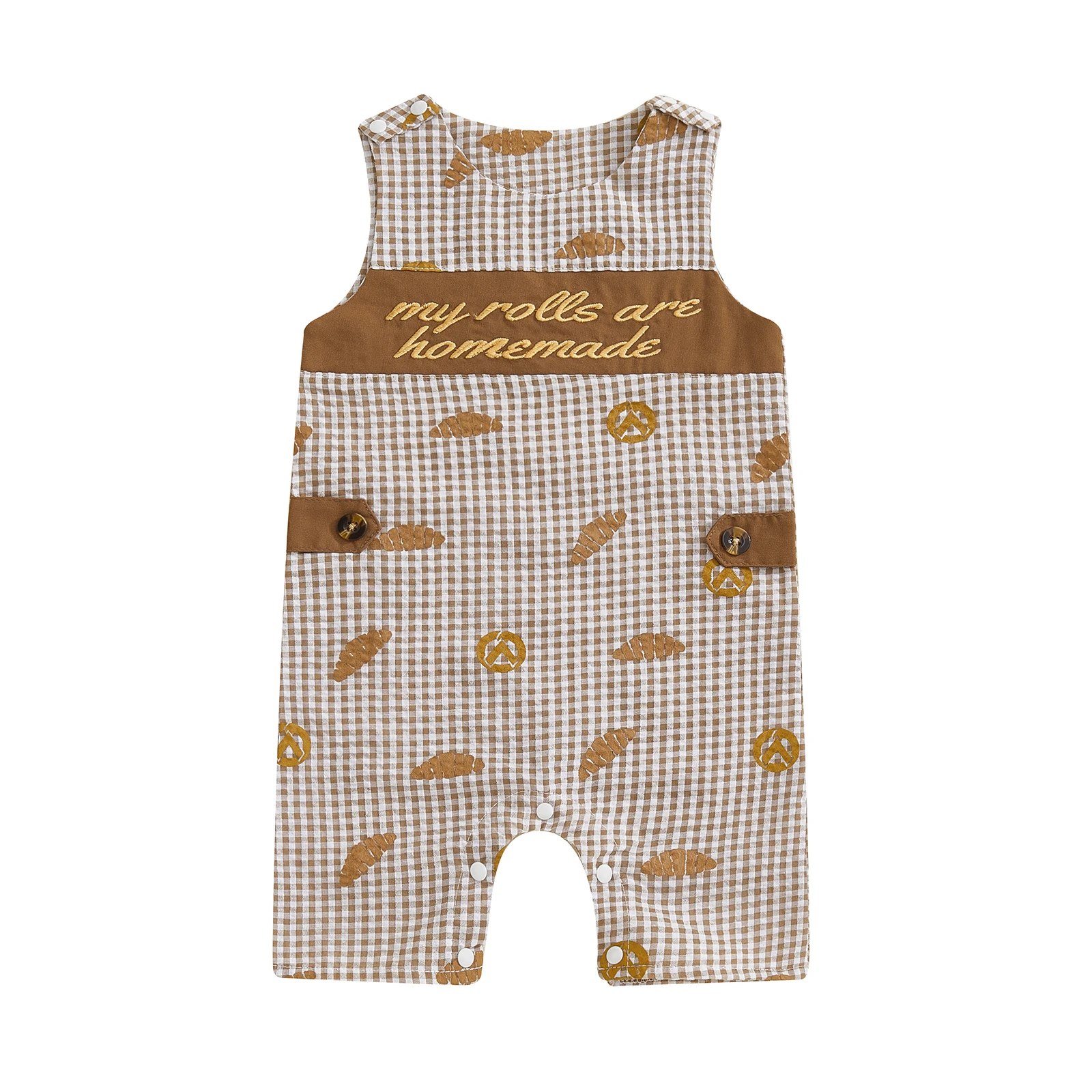 

Комбинезон на бретелях для маленьких мальчиков, комбинезон в клетку без рукавов с вышивкой хлеба и круглым вырезом