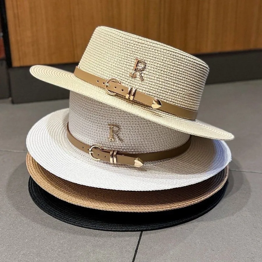 

Rhinestone Letter R Straw Hat French Belt Vintage Flat Top Hat for Women Spring Summer Fashion Beach Vacation Sunshade Hat