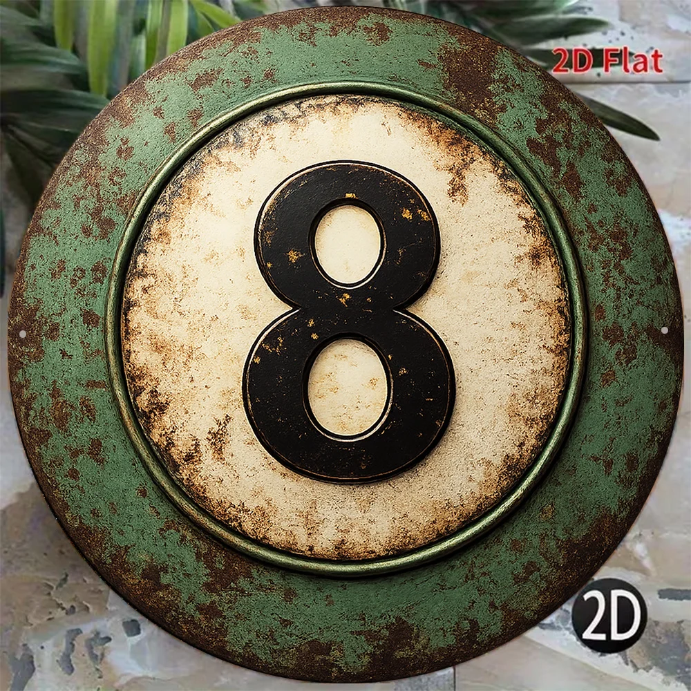 2D Flat - 【2D Flat】 2D Flat Print 1pc Metal Iron Sign 2D Flat, 1pc 8X8In/20X20Cm 2D Flat Round Sign, Vintage Billiard Ball No. 8