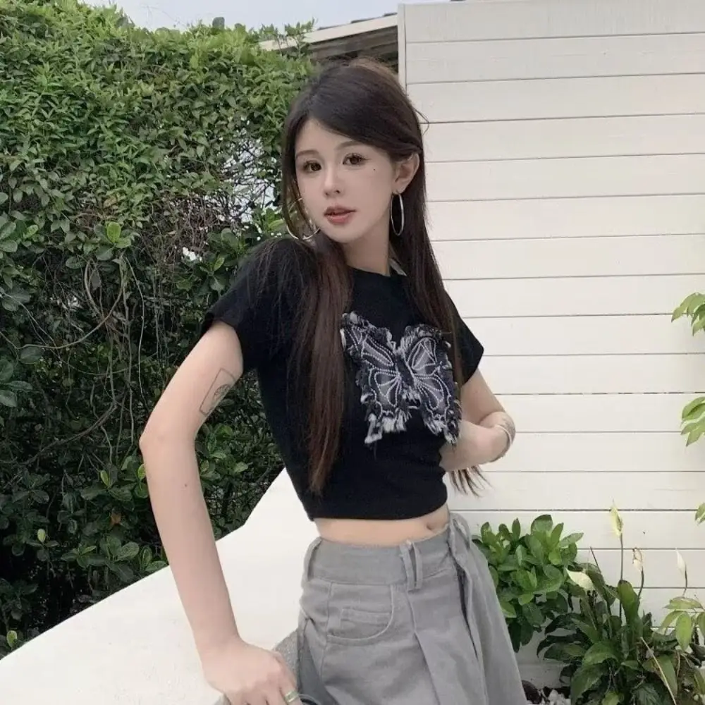 

Korean Style O-neck Bowknot Patch T Shirts Thin Short Sleeves Butterfly Patchwork Tops Slim Fit Y2k Crop Top Women Summer