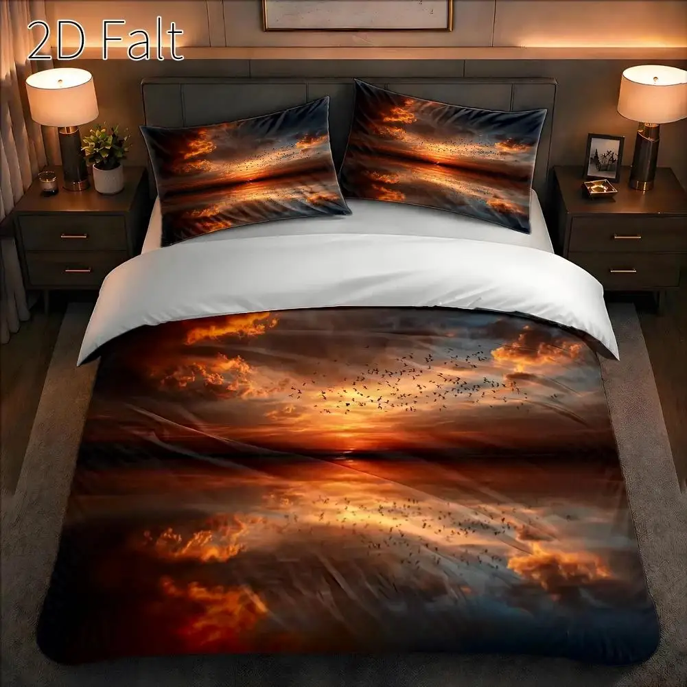 3-Piece Duvet Cover Set, 1 Duvet Cover + 2 Pillowcases (Without Filling) 2D Flat Printing, Duvet Cover Set of Three, Sunset Bird Reflection Theme, Surreal Style, Thanksgiving Special Edition, Suitable for All Seasons, Machine Washable, Invisible Zipper, Large Duvet Cover Set, Bedding Set, Skin-Friendly and Breathable, Soft and Comfortable, Does Not Fade or Pill