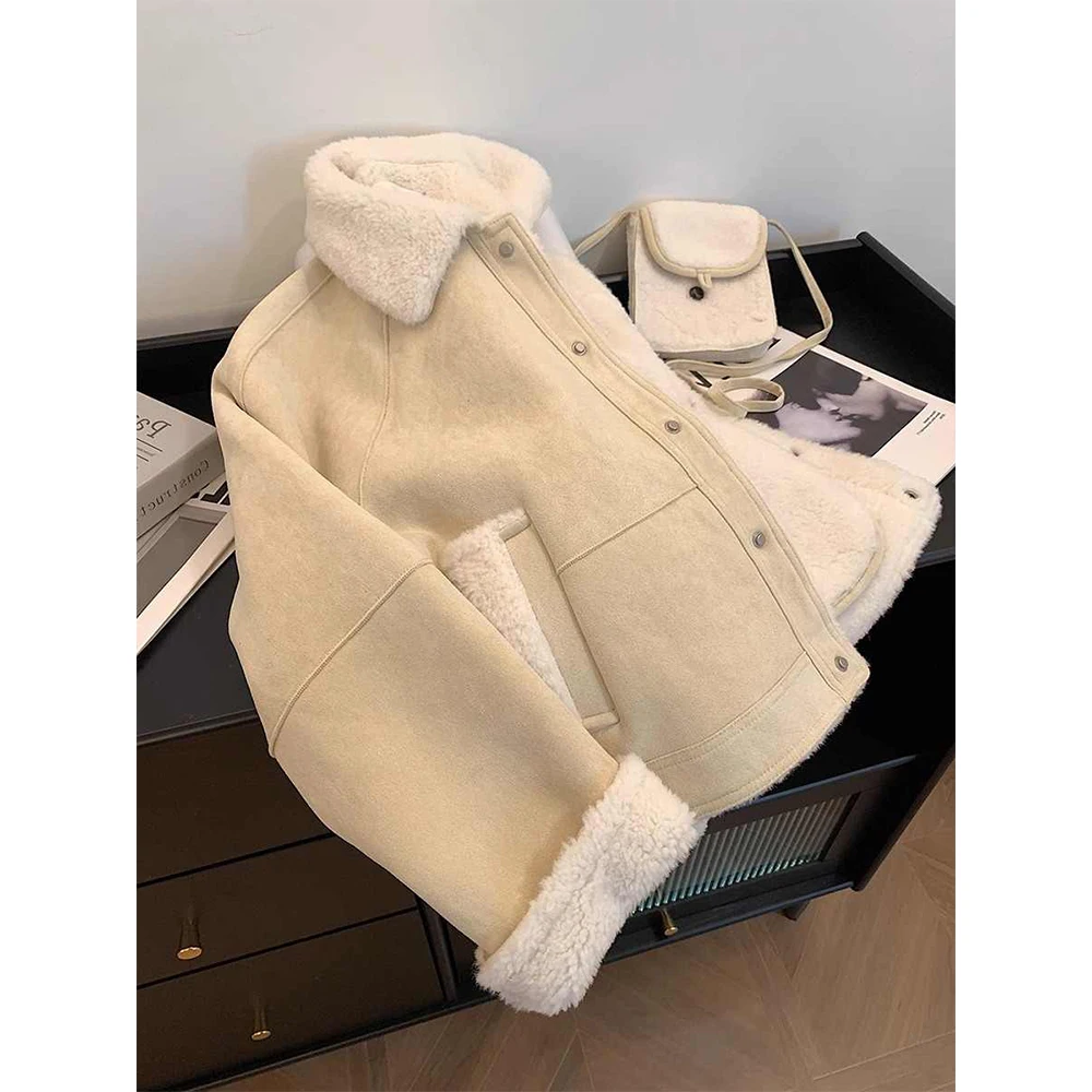 

Women Light Yellow Leather Jacket Motorcycle Coat Vintage Lamb Wool Jacket Streetwear Loose Outerwear 2000s Clothes Autumn 2025