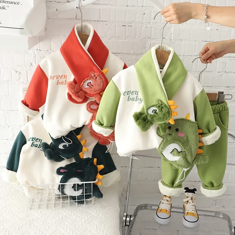 

Winter Toddler Boy 3PCS Clothes Set Letter Embroidery Patched Sweatshirt Solid Pant Dinosaur Scarf Baby Boy Outfit Kid Boy Suits