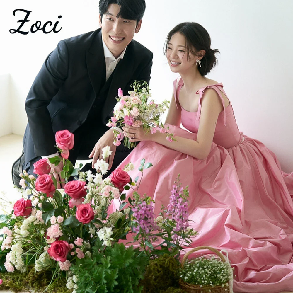 

Zoci Princess Pink Evening Dresses Photos Shoot Customized Sleeveless A Line Sweep Train Draped Wedding Dresses Bridal Gown