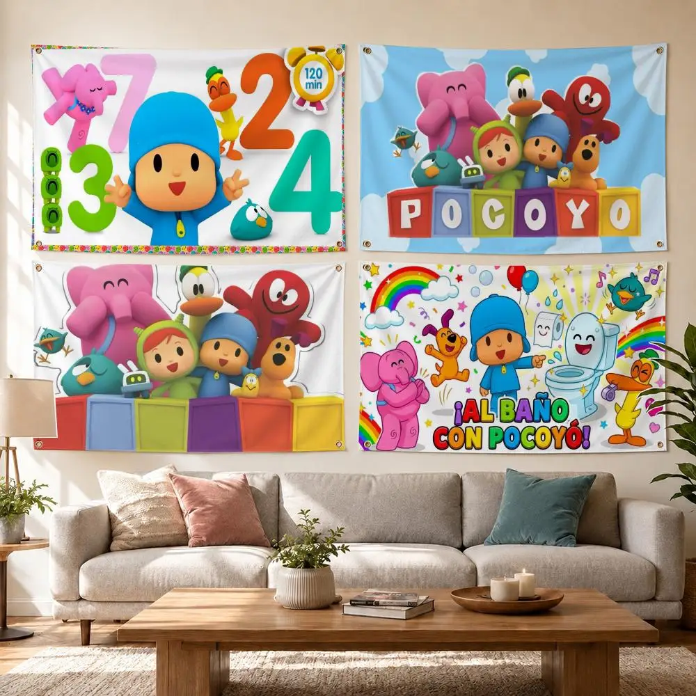 Cartoon Boy & Girls P-Pocoyo Anime Flags Decor Garage Flags for Bedrooms Outdoor Decor Tapestry Flaga Advertising Barber Shop
