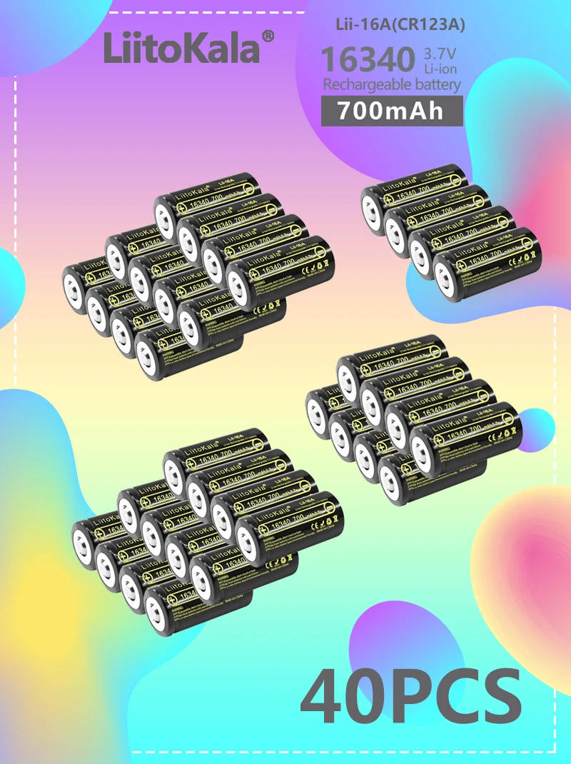 

40PCS LiitoKala Lii-16A Li-ion 16340 Battery CR123A Rechargeable Batteries 3.7V CR123 for Laser Pen LED Flashlight Cell