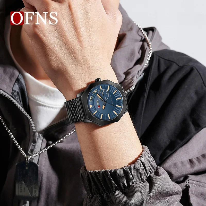 OFNS hot-selling men's watch octagonal business calendar quartz watch waterproof mesh belt cross-border men's watch**