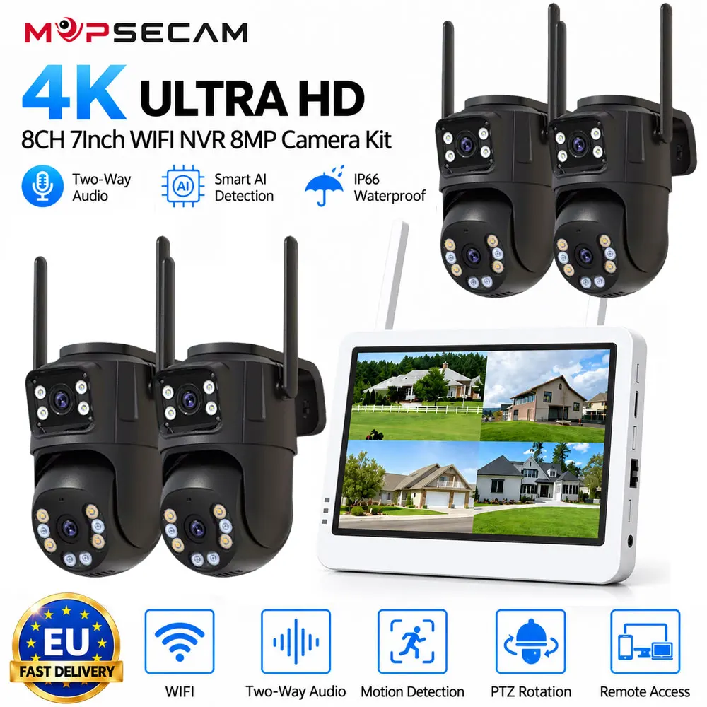 Sistema di telecamere di sicurezza NVR WiFi con schermo da 7 pollici, 5MP, 8 canali, kit di telecamere a doppia lente da 8MP, sistema di videosorveglianza CCTV wireless 4PCS con 4K Ultra HD 355 °
