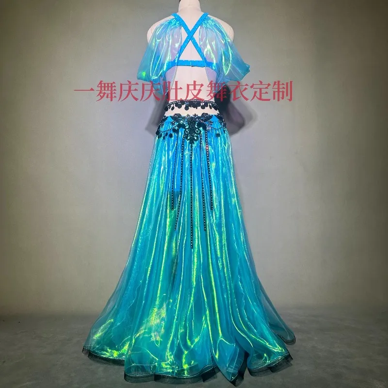 Aangepaste buikdansjurk Dames Oost-Egyptische Indiase dans Oceaan Fantasie Blauwe set Prestatiewedstrijdkostuums